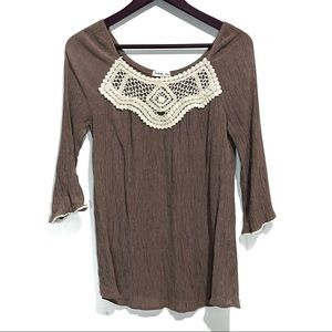 5 for $20 Indigo Soul Crochet Placket Crepe 3/4 Sleeve Top Boutique